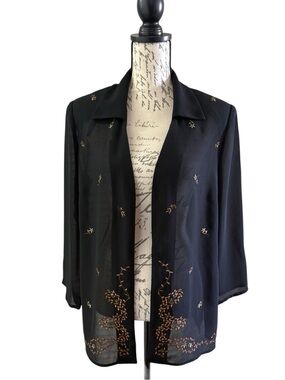 Black Embroidered Open-Front Women's Jacket